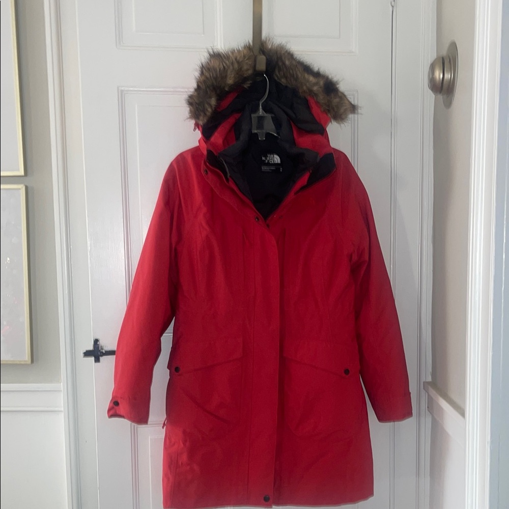The North Face Cherry Red Coat with Faux Fur Trim